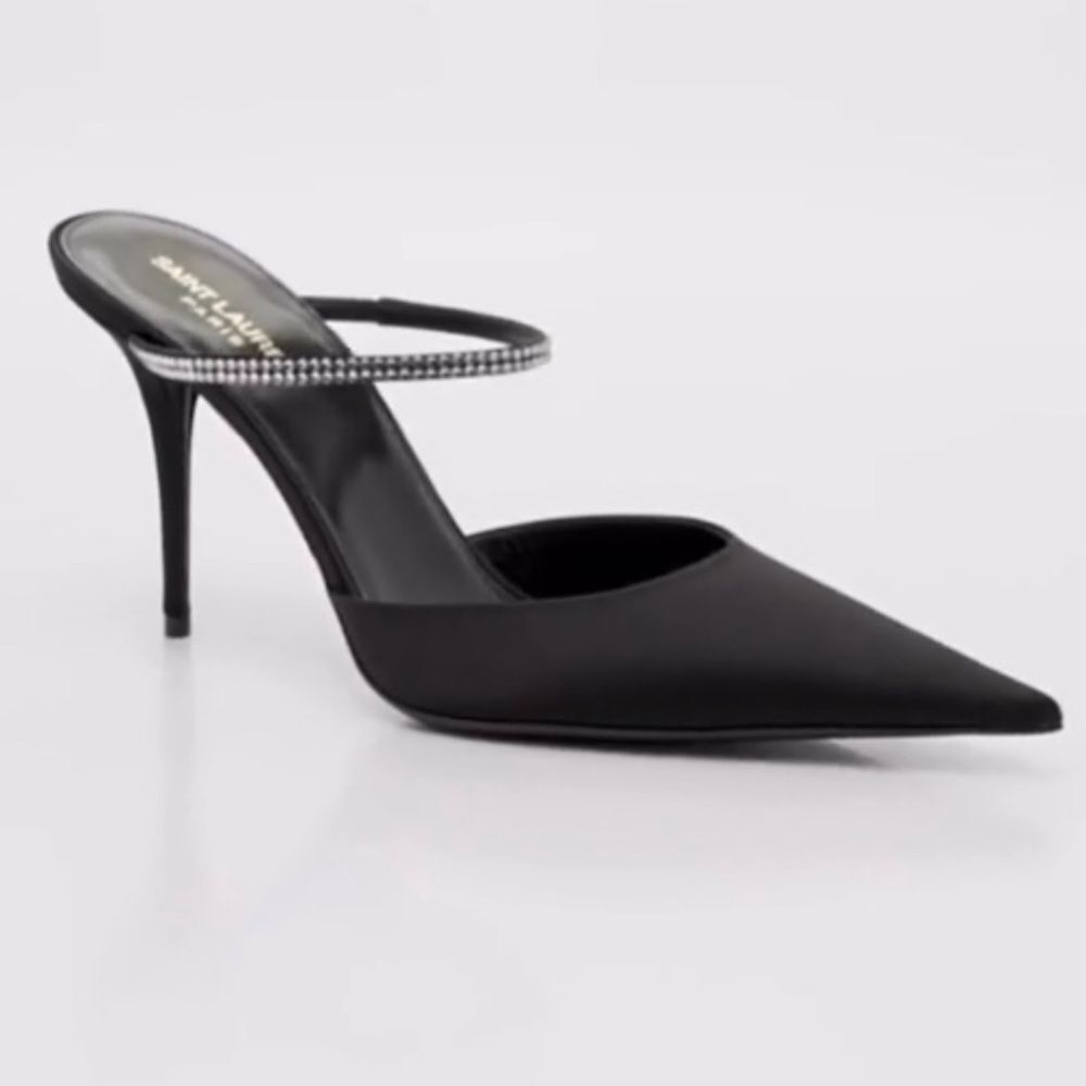 YSL Barbara Black Satin Crystal Strap Mule Heels 38.5 / 8.5 NWOT